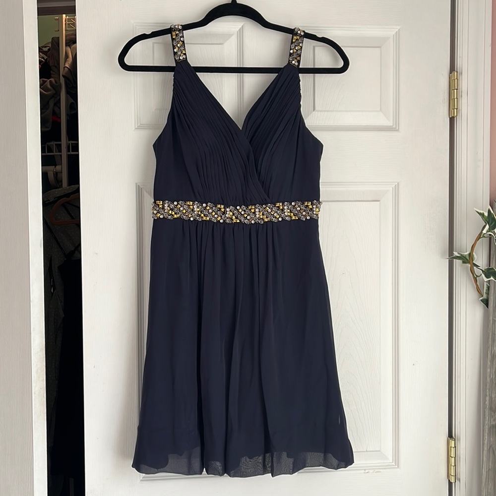 Calvin Klein Navy Sweetheart Neckline Dress with Gold and Rhinestone Accents